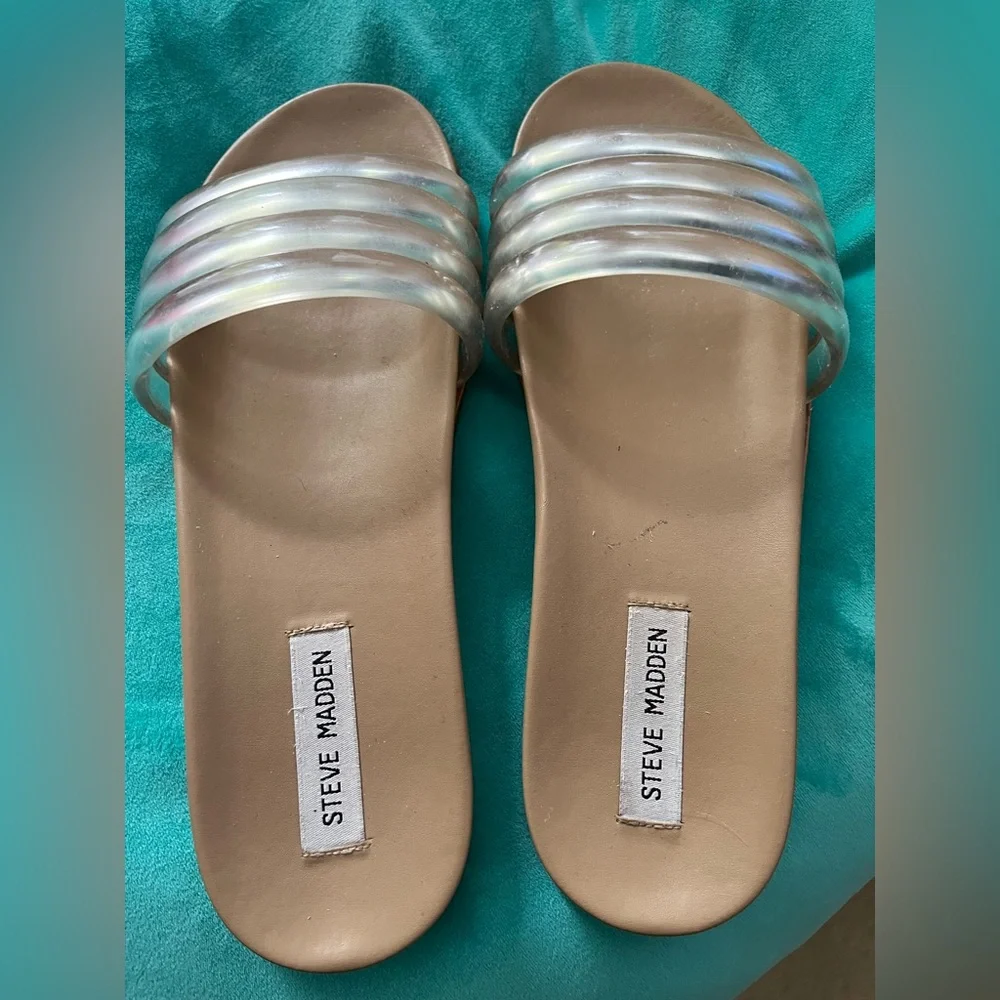 Steve Madden Cream Tan Slide Sandals Minimalist Design - Picture 3 of 4